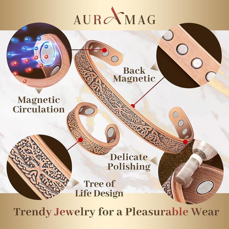 Auramag Copper Bracelets for Women, Lymphatic Drainage Magnetic Bracelets & Magnetic Thumb Ring with 3500 Gauss Magnets, 100% Pure Copper Jewelry Gift - Image 3